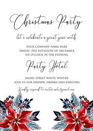 Christmas party invitation red poinsettia winter flower berry fir floral wreath 5x7 in template