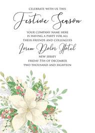 Christmas Party invitation winter white poinsettia flower cranberry greenery 5x7