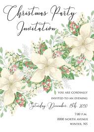 Christmas Party invitation winter white poinsettia flower cranberry greenery 5x7 customizable template