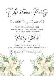 Christmas Party invitation winter white poinsettia flower cranberry greenery 5x7 template