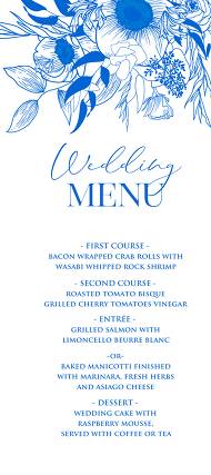 Classic blue anemone floral wedding invitation set menu design 4x9 in customizable template