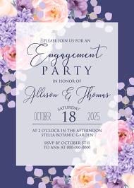 Engagement part invitation pink peach peony hydrangea violet anemone eucalyptus greenery pdf custom online editor 5x7 inch