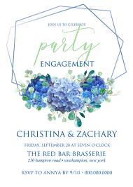 Engagement party wedding invitation set watercolor blue hydrangea eucalyptus greenery 5x7 in invitation editor