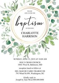 Gold Geometric Greenery Wreath Baptism Invitation Christening with Watercolor Eucalyptus 5x7 in edit online 