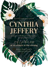 Green emerald foil gold tropical monstera palm leaves flower wedding invitation set 5x7 in maker customizable template