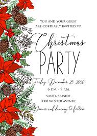 Holiday Merry Christmas Party Invitation red poinsettia flower fir tree printable flyer 5x7 in customize online