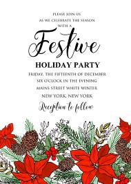 Holiday Merry Christmas Party Invitation red poinsettia flower fir tree printable flyer 5x7 in invitation maker