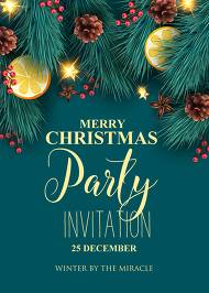 Merry Christmas party invitation blue fir tree, pine cone, cranberry, orange, banner template online maker