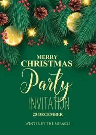 Merry Christmas party invitation green fir tree, pine cone, cranberry, orange, banner template 5x7 in