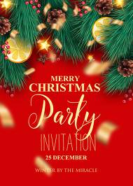 Merry Christmas party invitation ted green fir tree, pine cone, cranberry, orange, banner template 5x7 in online maker