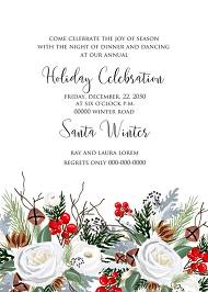 Merry Christmas Party Invitation winter floral wreath fir white rose red berry 5x7 in