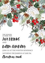 Merry Christmas Party Invitation winter floral wreath fir white rose red berry 5x7 in customizable template