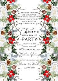 Merry Christmas Party Invitation winter floral wreath fir white rose red berry 5x7 in customize online