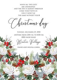 Merry Christmas Party Invitation winter floral wreath fir white rose red berry 5x7 in edit online