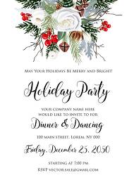 Merry Christmas Party Invitation winter floral wreath fir white rose red berry 5x7 in invitation editor