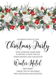 Merry Christmas Party Invitation winter floral wreath fir white rose red berry 5x7 in invitation maker