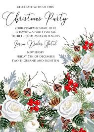 Merry Christmas Party Invitation winter floral wreath fir white rose red berry 5x7 in online editor