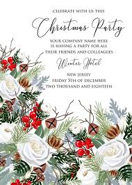 Merry Christmas Party Invitation winter floral wreath fir white rose red berry 5x7 in online maker