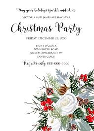 Merry Christmas Party Invitation winter floral wreath fir white rose red berry 5x7 in wedding invitation maker