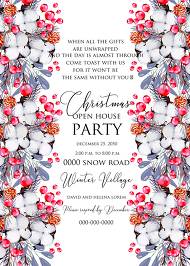 Merry Christmas party Invitation Winter holiday floral wreath fir misletoe cranberry 5x7 in edit online