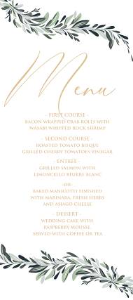 Minimalist olive branch greenery Wedding Invitation set menu design 4x9 in personalized invitation