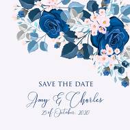 Navy blue pink roses royal indigo sapphire floral background wedding Invitation set 5.25x5.25 in save the date personalized