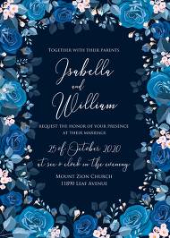 Navy blue pink roses royal indigo sapphire floral background wedding Invitation set 5x7 in
