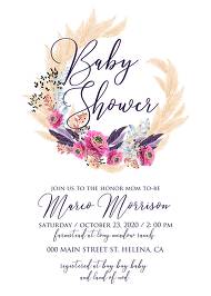 Pampas grass baby shower wedding invitation set pink peony flower pdf custom online editor 5x7 in