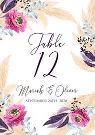 Pampas grass table place card wedding invitation set pink peony flower pdf custom online editor 3.5x5 in