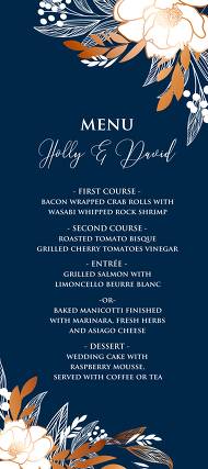 Peony foil gold navy classic blue background menu wedding Invitation set 4x9 in invitation editor