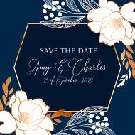 Peony foil gold navy classic blue background save the date wedding Invitation set 5.25x5.25 in customize online