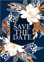 Peony foil gold navy classic blue background wedding Invitation set save the date card 5x7 in online maker