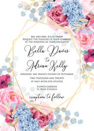 Pink peony wedding Invitation eucalyptus hydrangea poppy in watercolor 5x7 in online editor