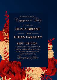 Red gold foil Rose engagement party navy blue wedding invitation set 5x7 in edit online