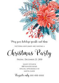 Red poinsettia Merry Christmas Party Invitation needles fir floral greeting card noel 5x7 in customize online
