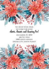 Red poinsettia Merry Christmas Party Invitation needles fir floral greeting card noel 5x7 in online editor