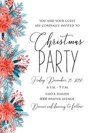 Red poinsettia Merry Christmas Party Invitation needles fir floral greeting card noel 5x7 in download