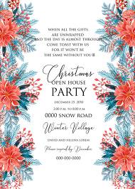 Red poinsettia Merry Christmas Party Invitation needles fir floral greeting card noel 5x7 in template