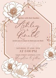 Rose gold pink white peony leaf greenery branches wedding invitation set 5x7 in edit template