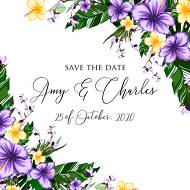 Save the date card wedding invitation set tropical violet yellow hibiscus flower palm leaves 5.25x5.25 in online editor