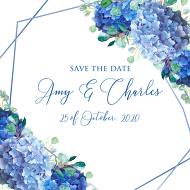 Save the date card wedding invitation set watercolor blue hydrangea eucalyptus greenery 5.25x5.25 in customize online