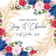 Save the date card wedding invitation set watercolor navy blue rose marsala dark red peony greenery 5x7 in online editor