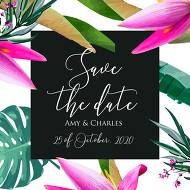 Save the date wedding invitation card set pink pink tropical flowers leaves palm of banana grass PNG 5.25x5.25 in edit online