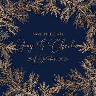 Save the date wedding invitation cards embossing gold foil herbal greenery navy blue 5.25x5.25 in edit online
