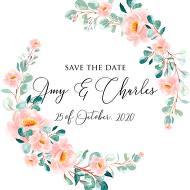 Save the date wedding invitation set blush pastel peach rose peony sakura watercolor floral 5.25x5.25 in online editor