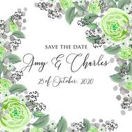 Save the date wedding invitation set green rose ranunculus camomile eucalyptus 5.25x5.25 in customize online