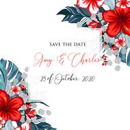 Save the date wedding invitation set tropical palm leaves hawaii aloha luau hibiscus flower 5.25x5.25 in edit online