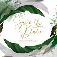 Save the date wedding invitation set watercolor splash greenery floral wreath, herbs garland gold frame 5.25x5.25 in 