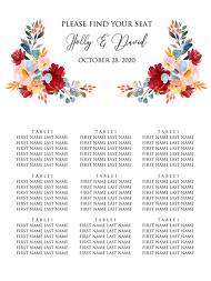 Seating chart wedding invitation set marsala pink peony rose watercolor greenery 18x24 in online editor