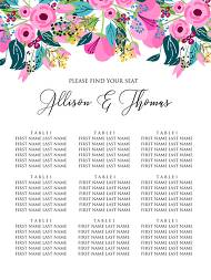 Seating chart wedding invitation set pink tulip peony card template 12x24 in online editor